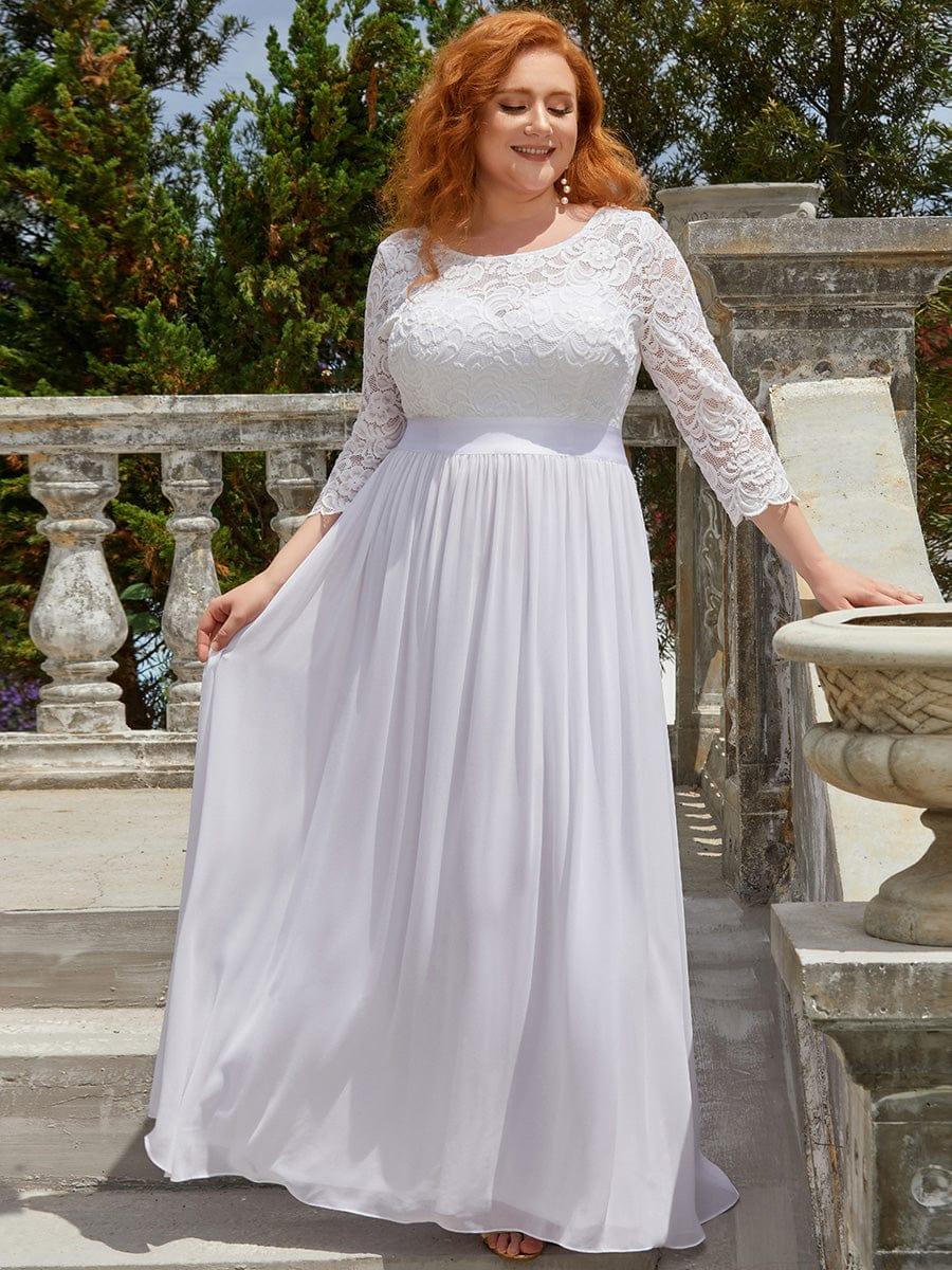 Plus Size See-Through Floor Length Lace Bridesmaid Dress With Half Sleeve #color_White