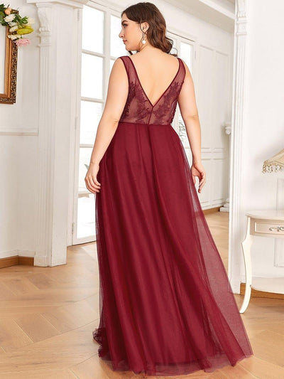 Plus Size Elegant Sleeveless Applique Flowy Tulle Evening Dress #color_Burgundy
