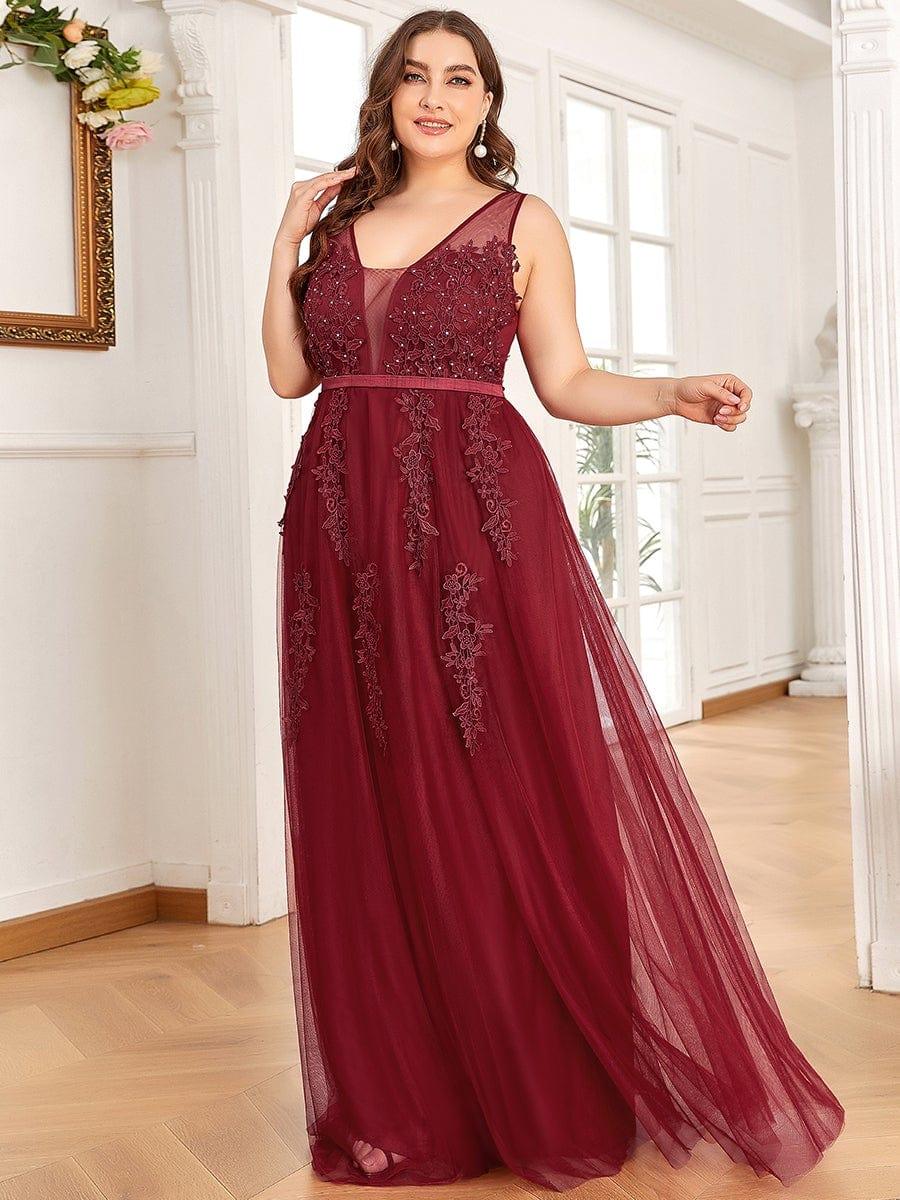 Plus Size Elegant Sleeveless Applique Flowy Tulle Evening Dress #color_Burgundy