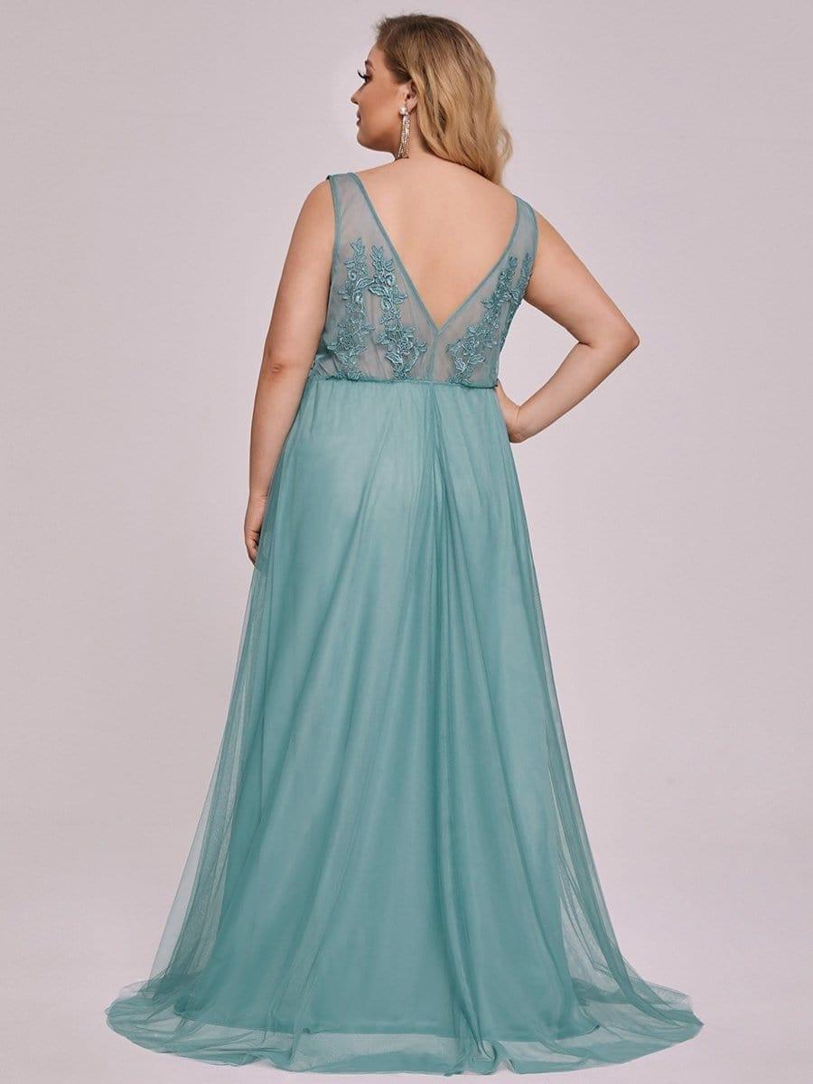 Plus Size Elegant Sleeveless Applique Flowy Tulle Evening Dress #color_Light Teal