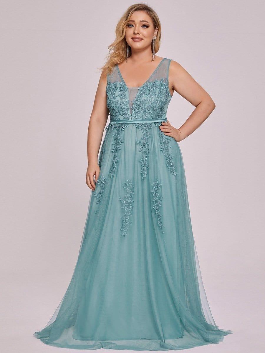 Plus Size Elegant Sleeveless Applique Flowy Tulle Evening Dress #color_Light Teal