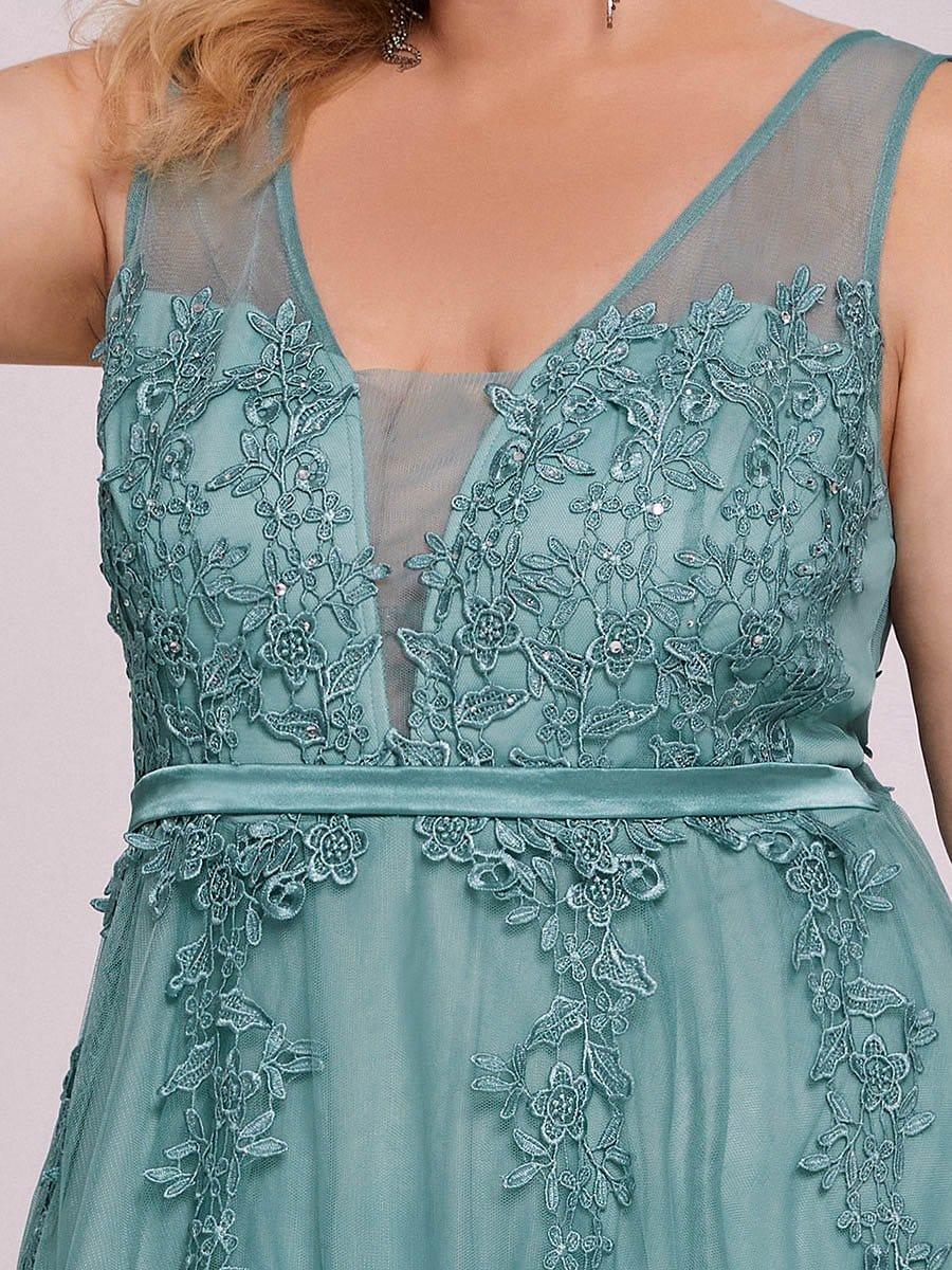 Plus Size Elegant Sleeveless Applique Flowy Tulle Evening Dress #color_Light Teal