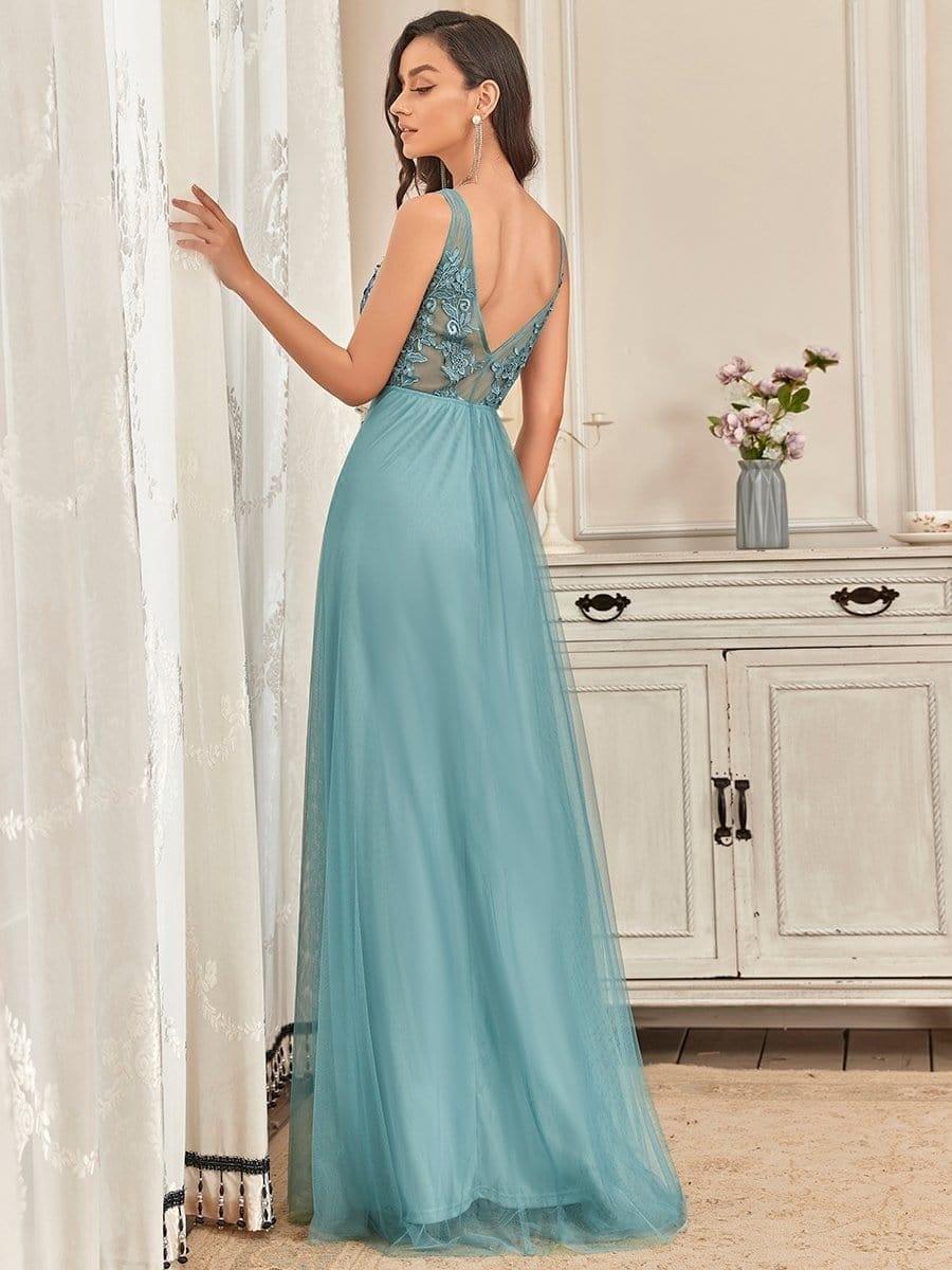 Elegant Sleeveless Applique Flowy Tulle Evening Dress #color_Light Teal