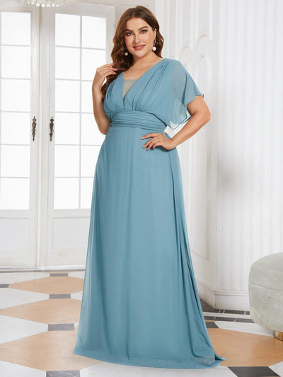 Plus Size V-neck A-Line Empire Waist Chiffon Evening Dress #color_Light Teal