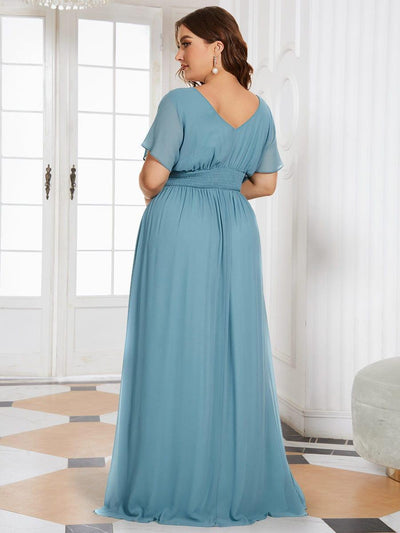 Plus Size V-neck A-Line Empire Waist Chiffon Evening Dress #color_Light Teal