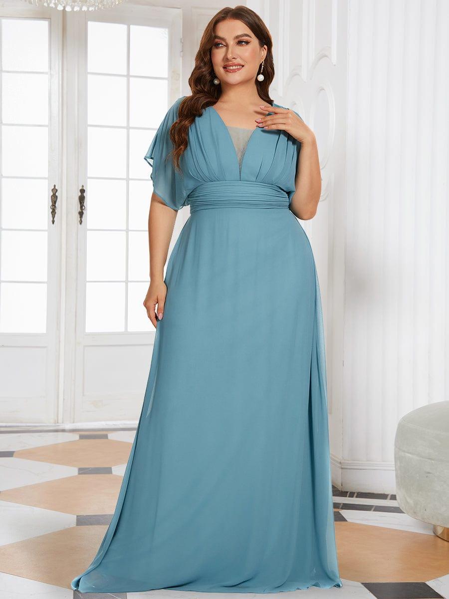 Plus Size V-neck A-Line Empire Waist Chiffon Evening Dress #color_Light Teal