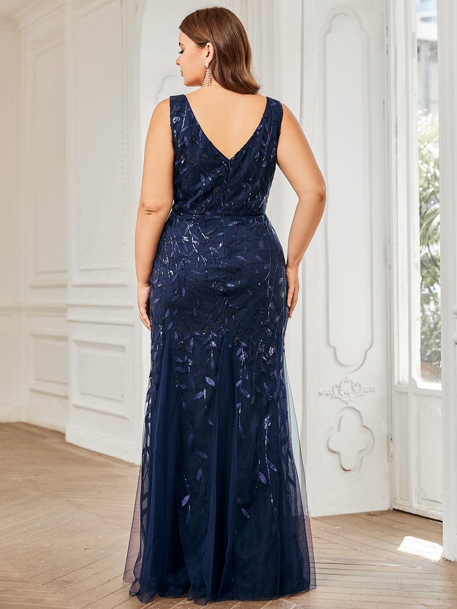 Plus Size Women's V-Neck Fishtail Seuqin Evening Dress #color_Navy Blue