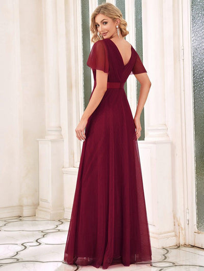 Women's Double V-Neck Floor-Length Bridesmaid Dress with Short Sleeve #color_Burgundy