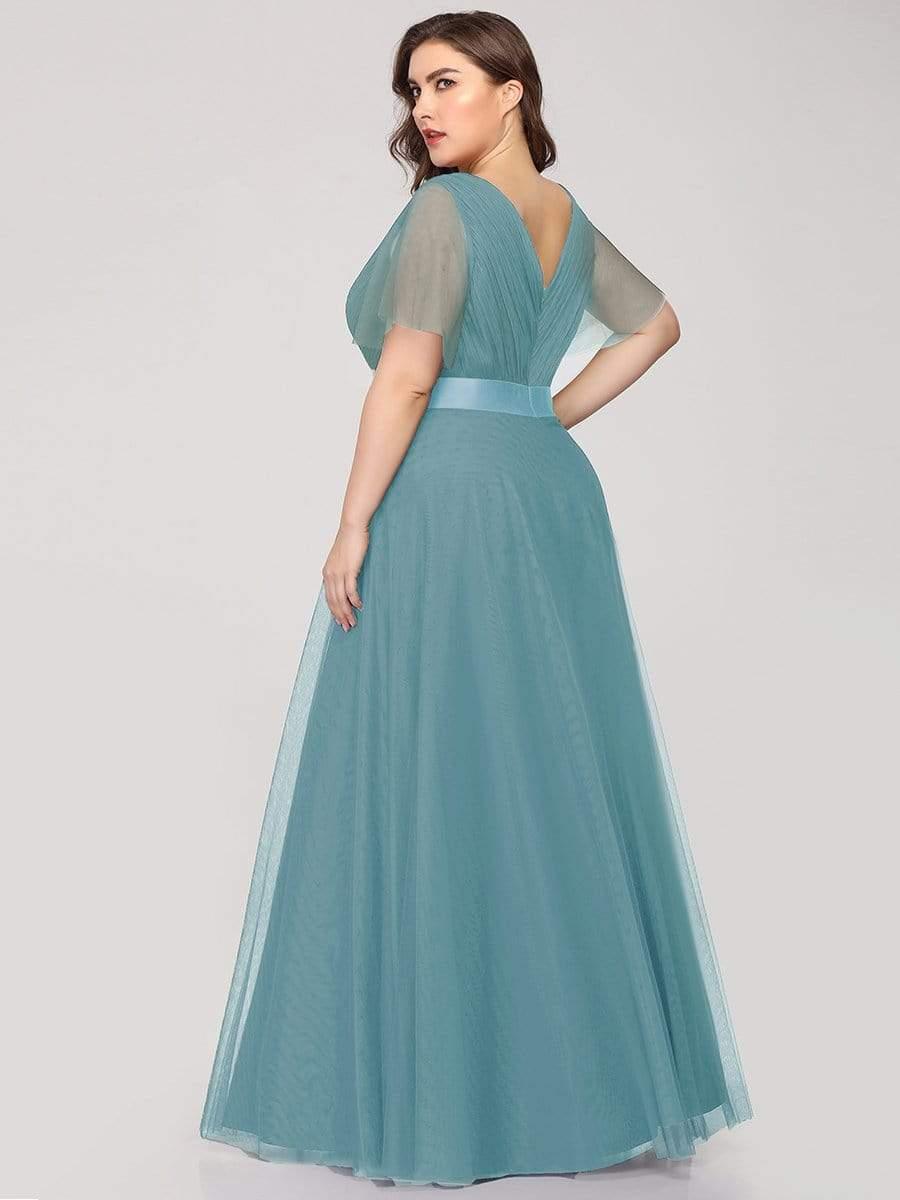 Women's Double V-Neck Floor-Length Bridesmaid Dress with Short Sleeve #color_Light Teal