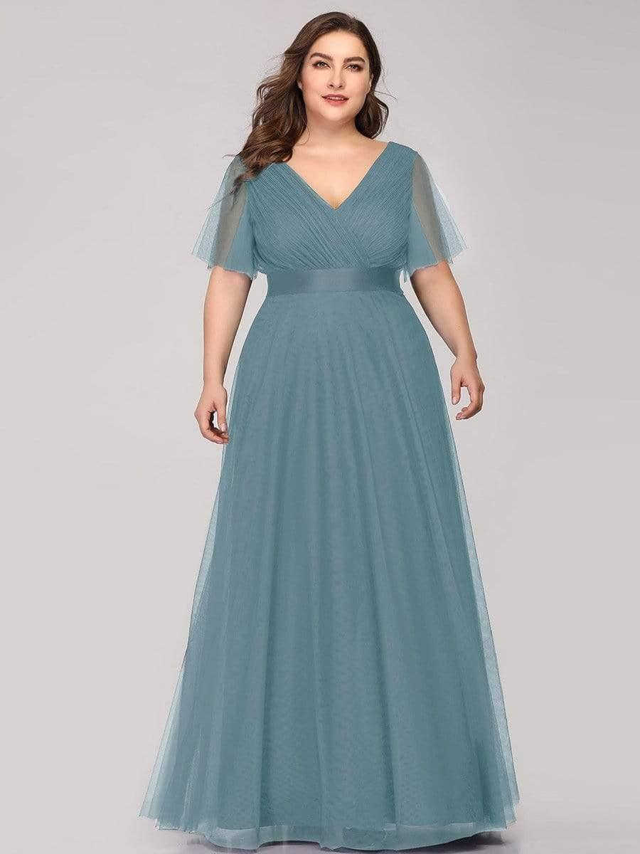 Women's Floor-Length Plus Size Bridesmaid Dress with Short Sleeve #color_Light Teal