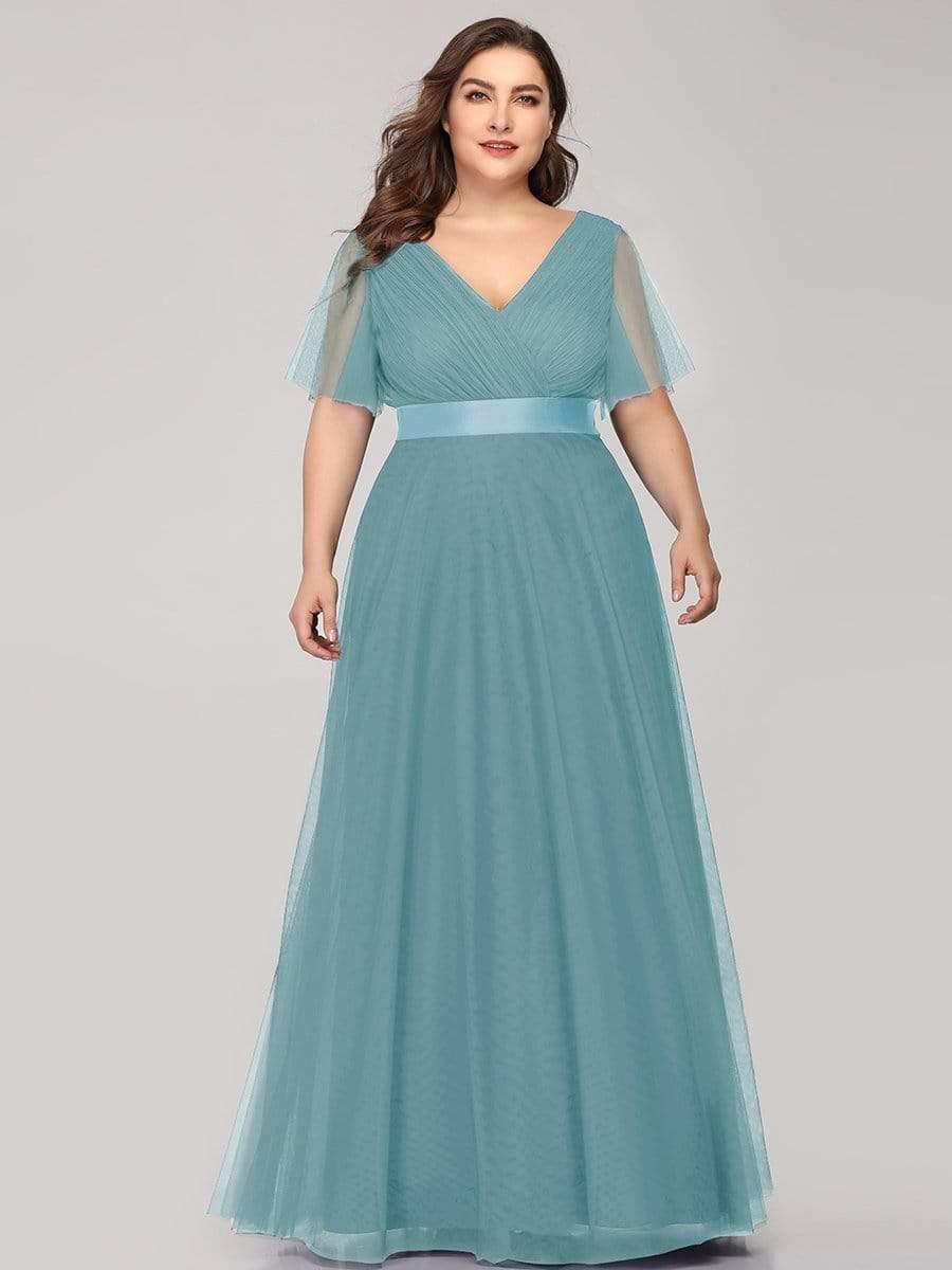 Women's Double V-Neck Floor-Length Bridesmaid Dress with Short Sleeve #color_Light Teal