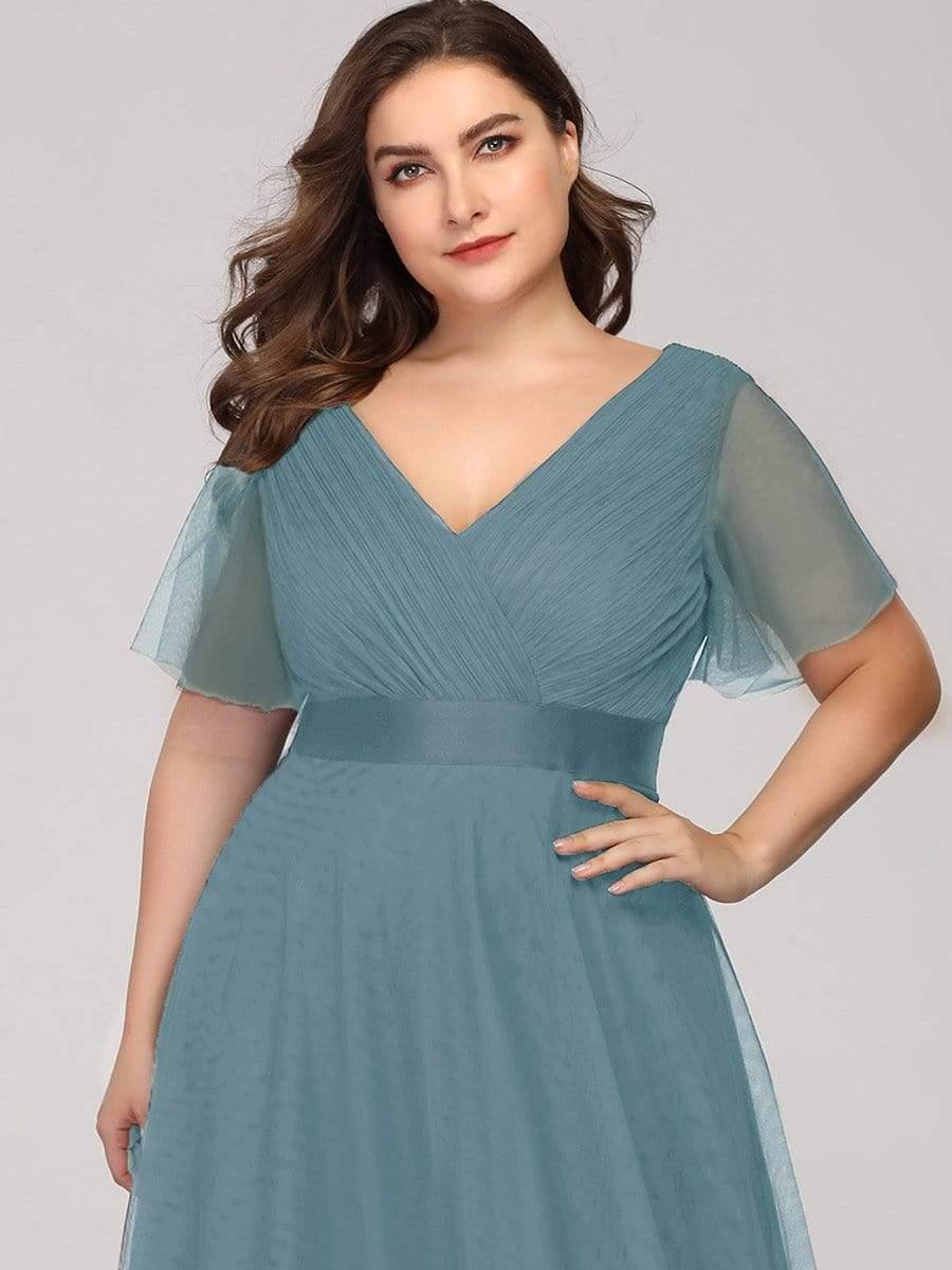 Women's Floor-Length Plus Size Bridesmaid Dress with Short Sleeve #color_Light Teal