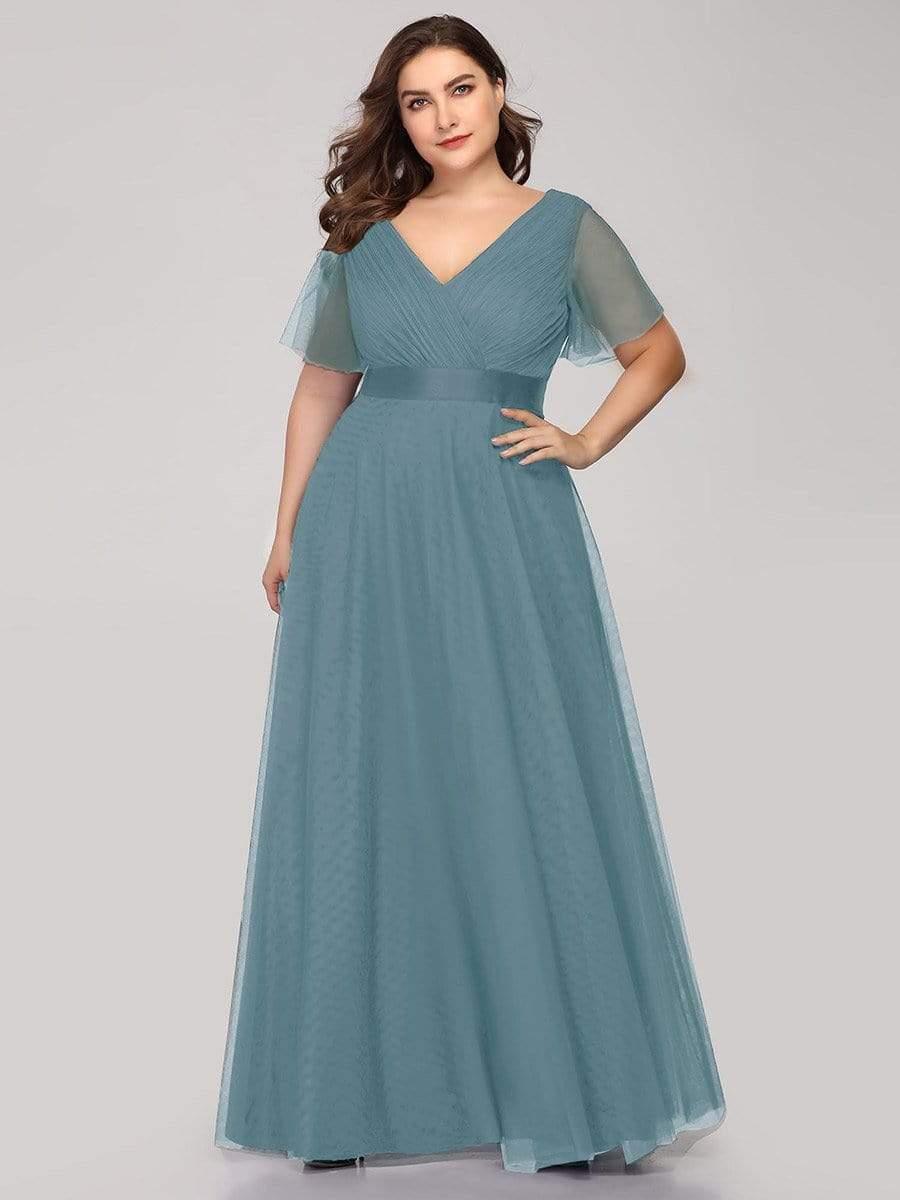 Women's Floor-Length Plus Size Bridesmaid Dress with Short Sleeve #color_Light Teal