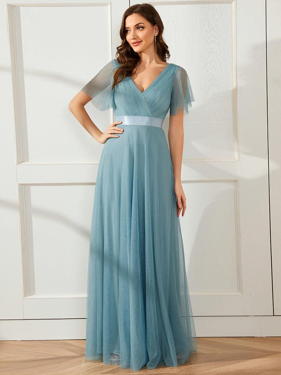 Women's Double V-Neck Floor-Length Bridesmaid Dress with Short Sleeve #color_Light Teal