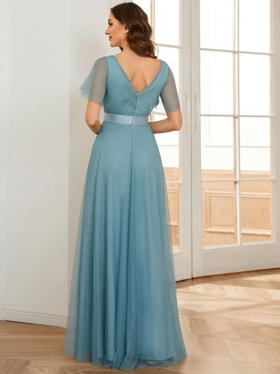 Women's Double V-Neck Floor-Length Bridesmaid Dress with Short Sleeve #color_Light Teal