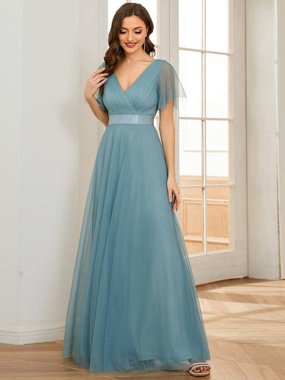 Women's Double V-Neck Floor-Length Bridesmaid Dress with Short Sleeve #color_Light Teal