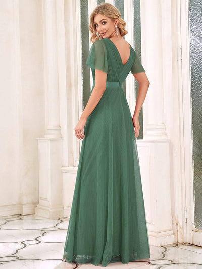 Women's Double V-Neck Floor-Length Bridesmaid Dress with Short Sleeve #color_Green Bean
