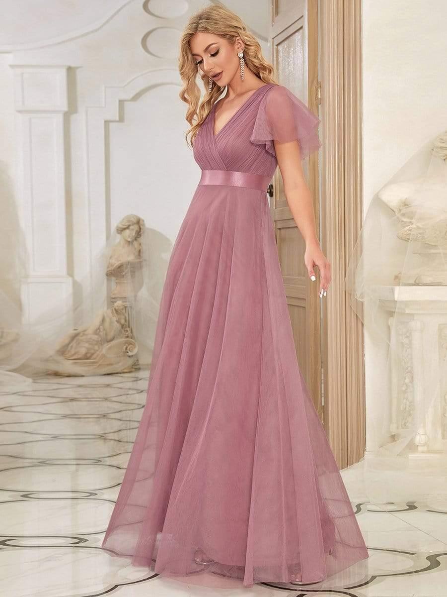Women's Double V-Neck Floor-Length Bridesmaid Dress with Short Sleeve #color_Purple Orchid