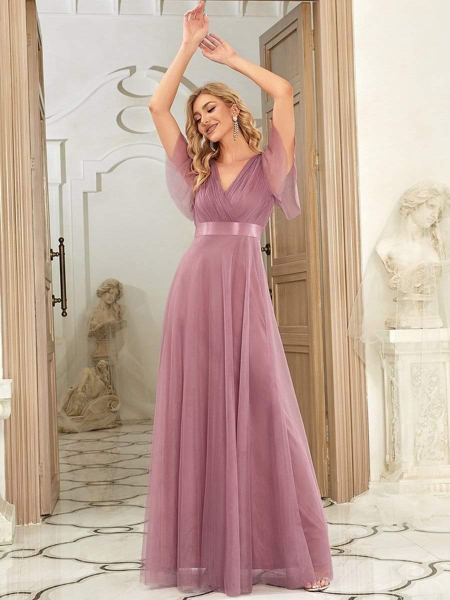 Women's Double V-Neck Floor-Length Bridesmaid Dress with Short Sleeve #color_Purple Orchid