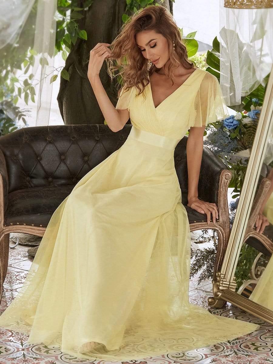 Women's Double V-Neck Floor-Length Bridesmaid Dress with Short Sleeve #color_Yellow