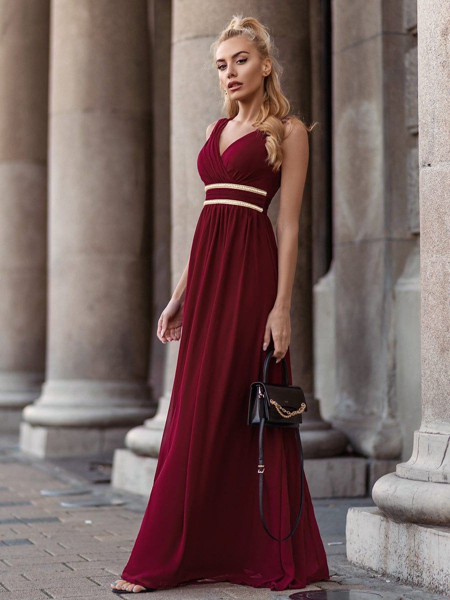Custom Size Ruched V-neck Floor Length Elegant Bridesmaid Dress #color_Burgundy