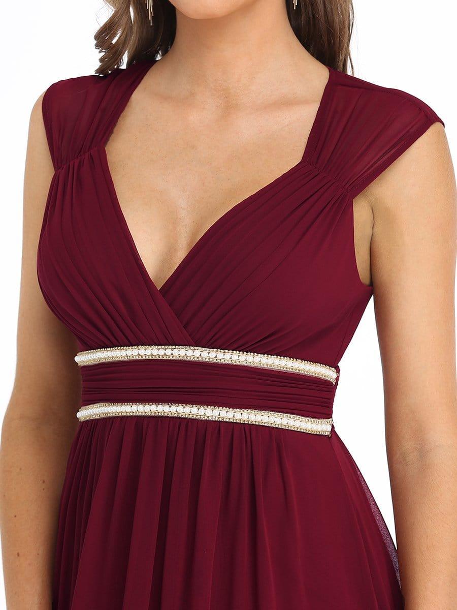 Ruched V-neck Floor Length Elegant Bridesmaid Dress #color_Burgundy