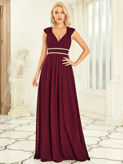 Ruched V-neck Floor Length Elegant Bridesmaid Dress #color_Burgundy