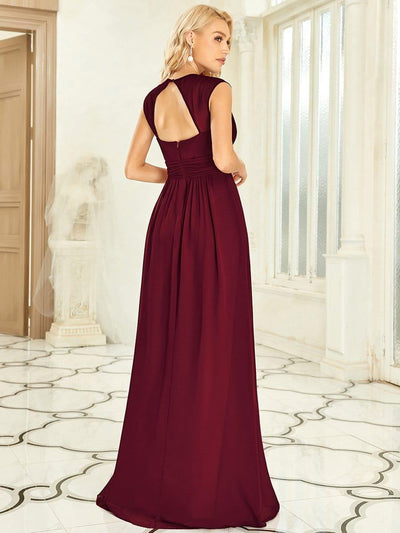 Ruched V-neck Floor Length Elegant Bridesmaid Dress #color_Burgundy