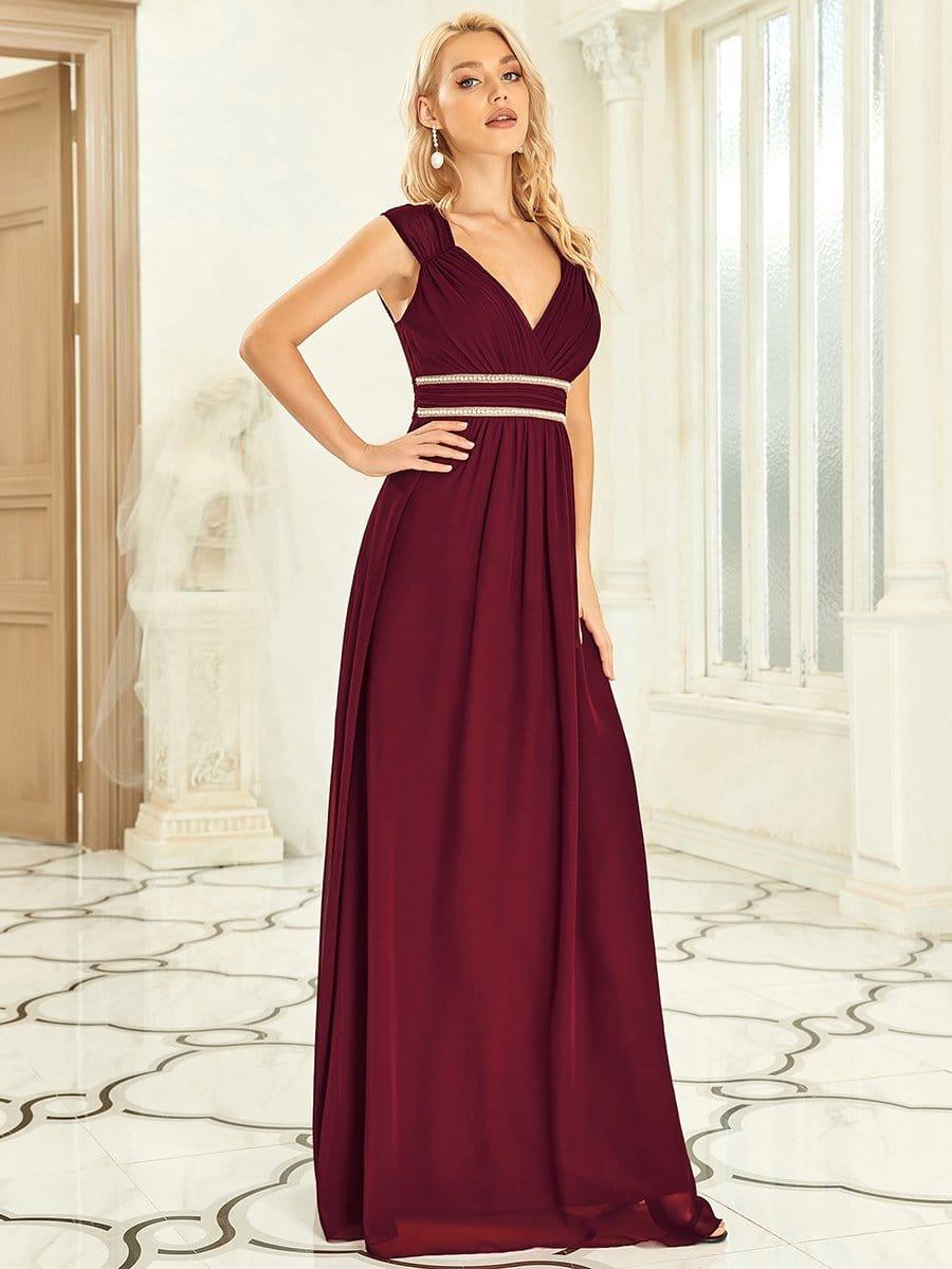 Ruched V-neck Floor Length Elegant Bridesmaid Dress #color_Burgundy