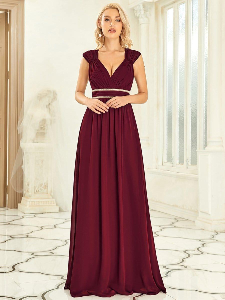 Ruched V-neck Floor Length Elegant Bridesmaid Dress #color_Burgundy