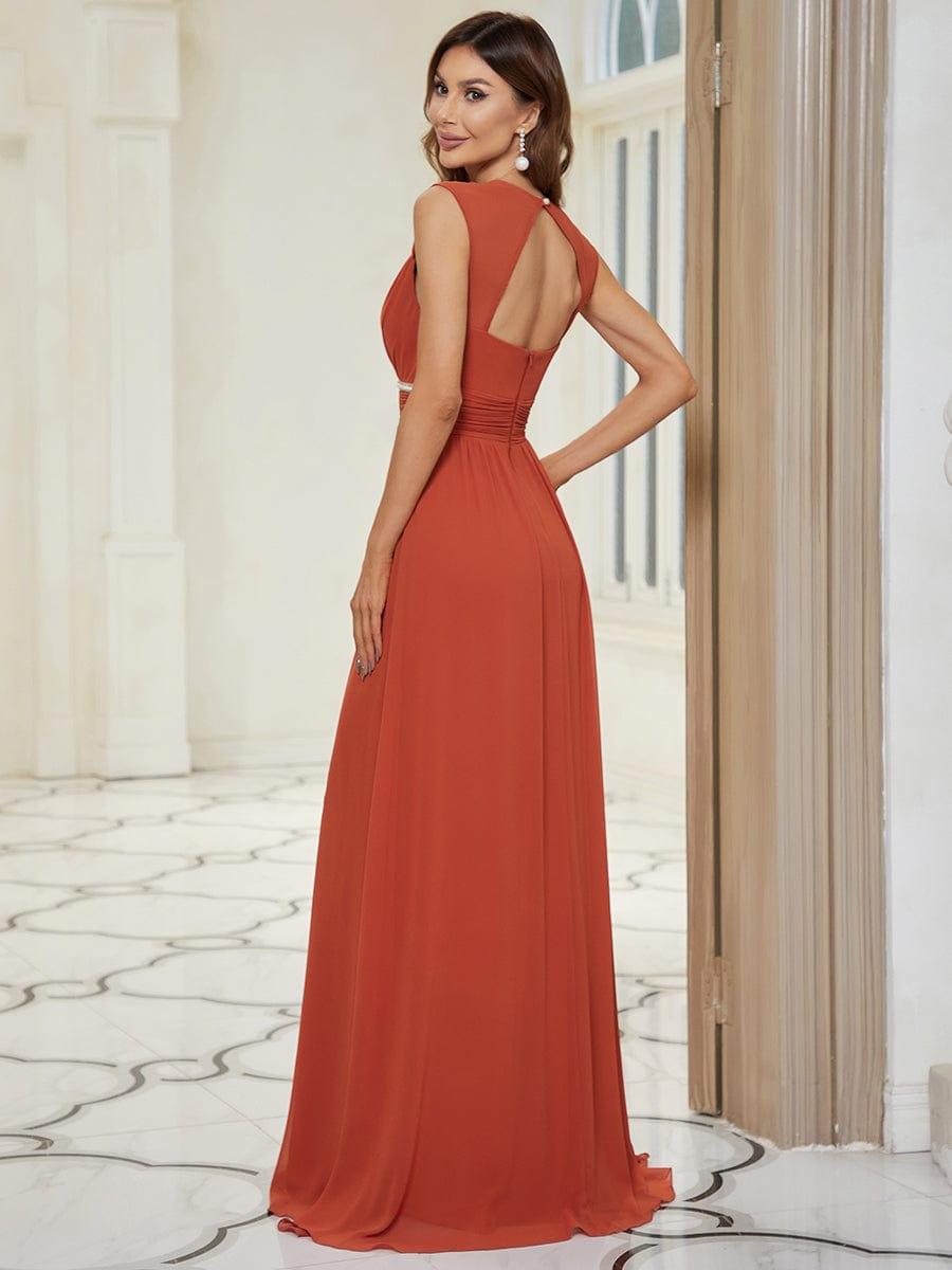Ruched V-neck Floor Length Elegant Bridesmaid Dress #color_Burnt Orange