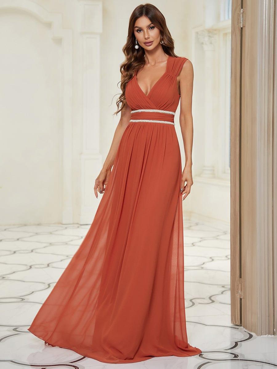 Ruched V-neck Floor Length Elegant Bridesmaid Dress #color_Burnt Orange