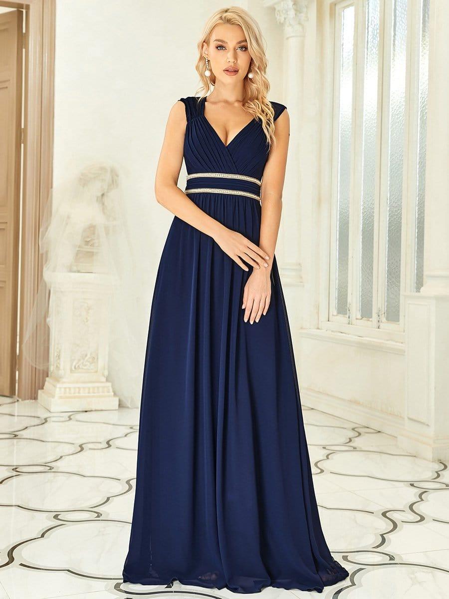 Ruched V-neck Floor Length Elegant Bridesmaid Dress #color_Navy Blue
