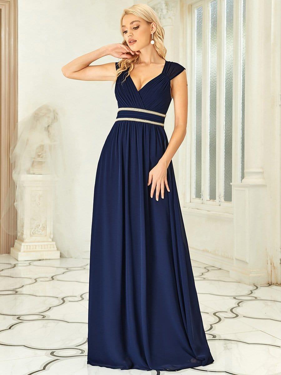 Ruched V-neck Floor Length Elegant Bridesmaid Dress #color_Navy Blue