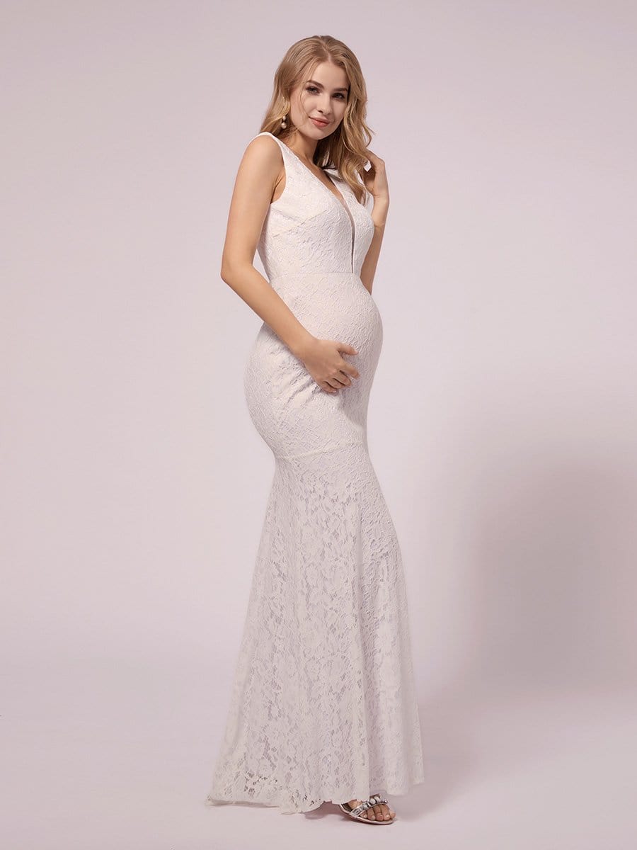 Deep V Neck Lace Mermaid Maternity Dress #color_White Deep V Neck Lace Mermaid Maternity Dress