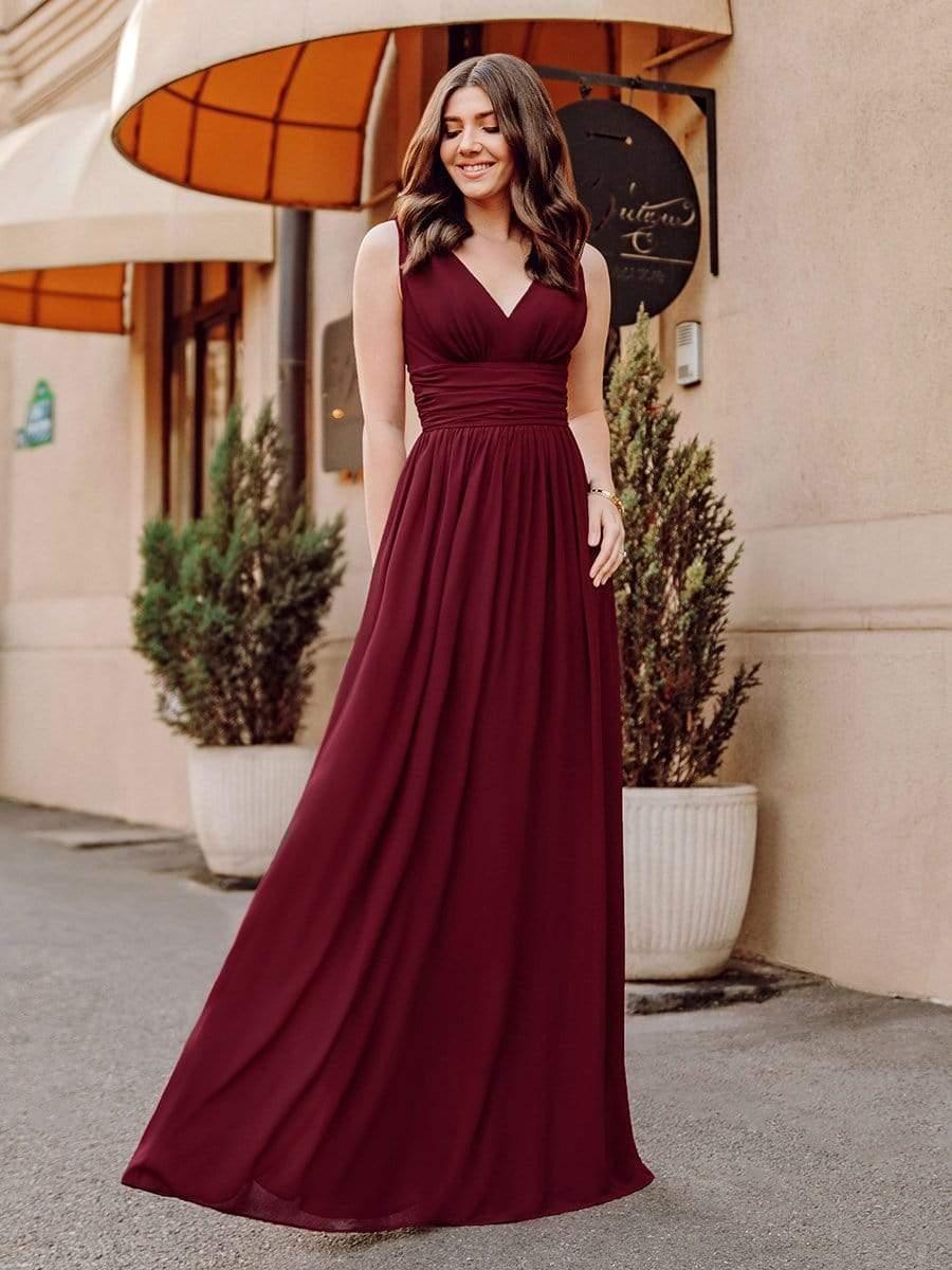 V Neck Sleeveless Pleated Chiffon Evening Dress #color_Burgundy