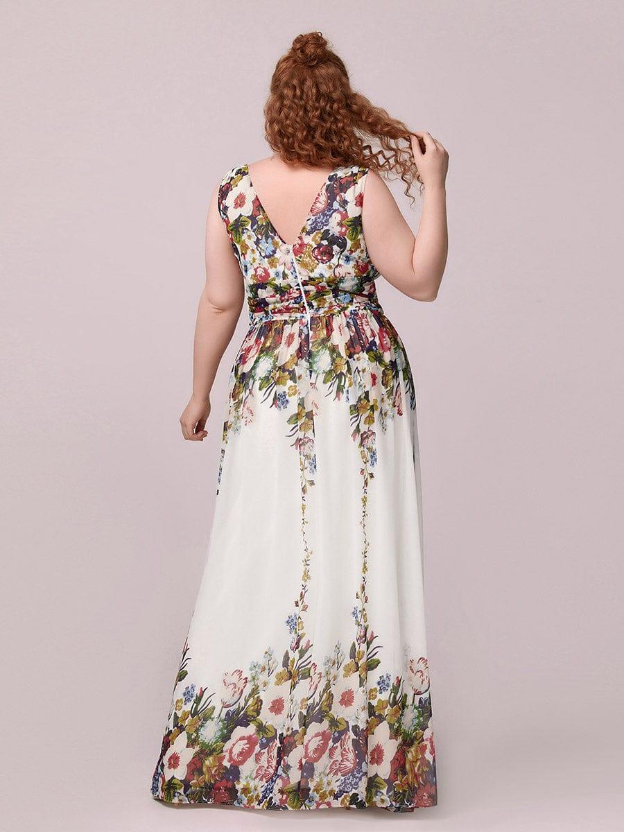 V Neck Sleeveless Pleated Chiffon Evening Dress #color_Printed Cream