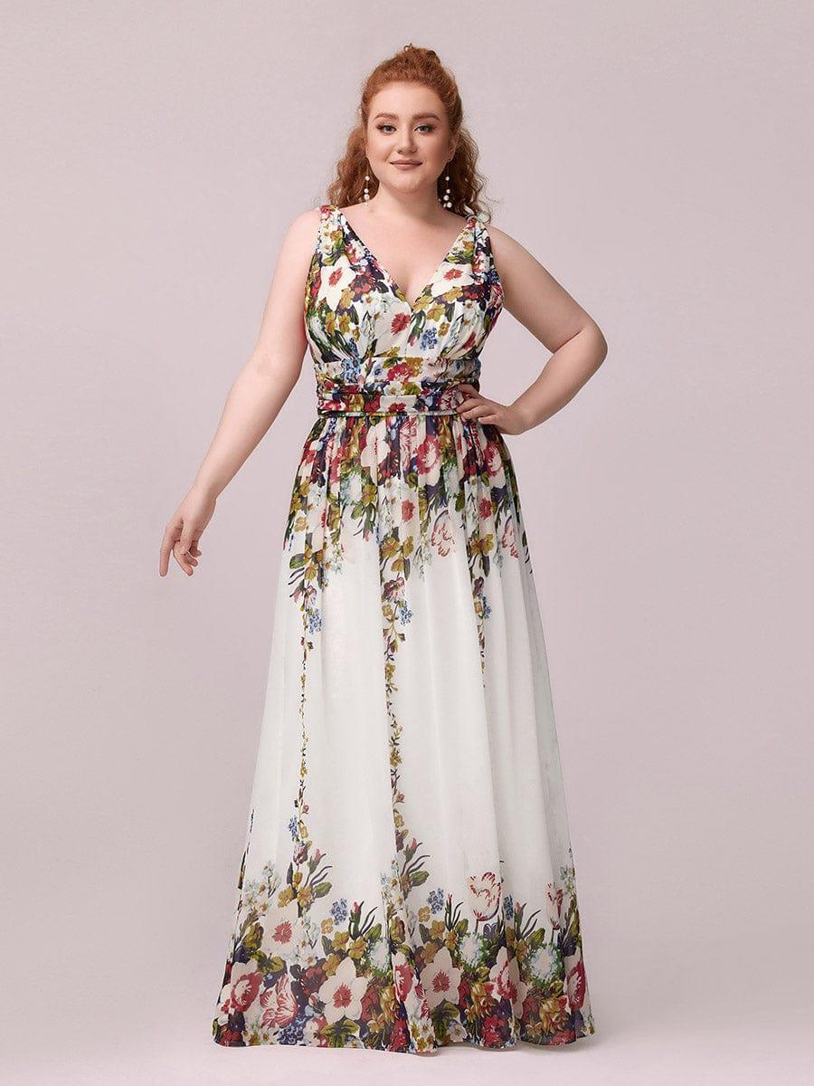 V Neck Sleeveless Pleated Chiffon Evening Dress #color_Printed Cream