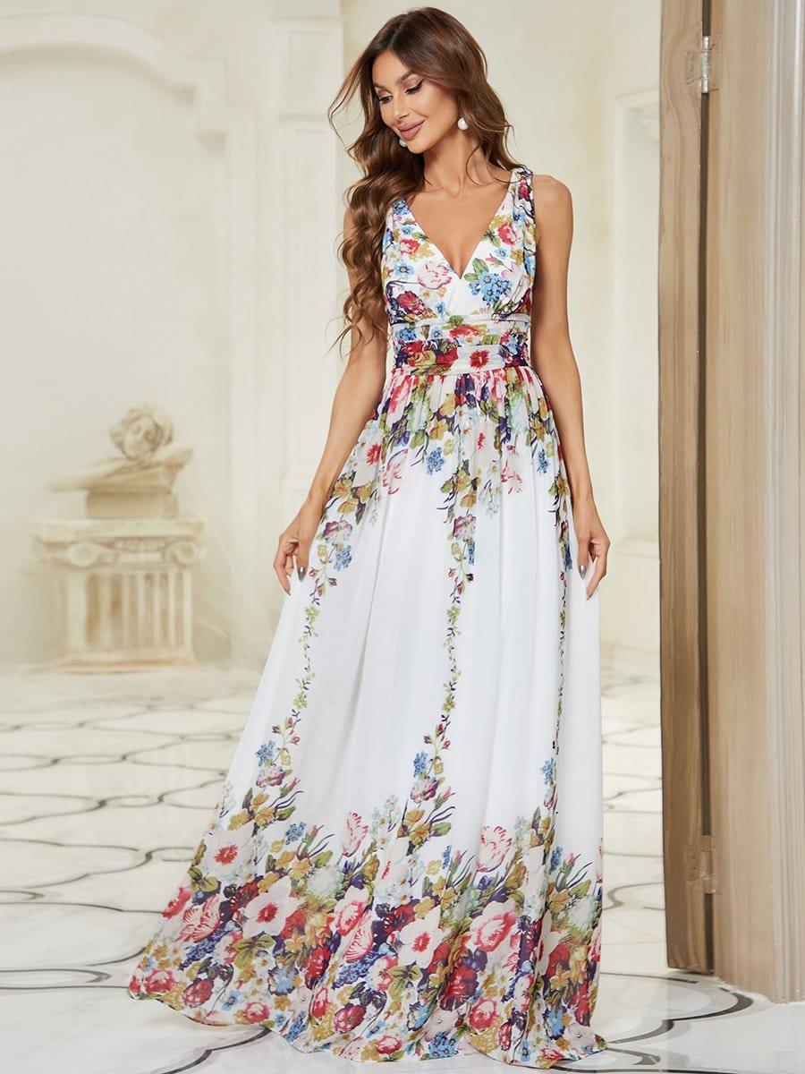 V Neck Sleeveless Pleated Chiffon Evening Dress #color_Printed Cream