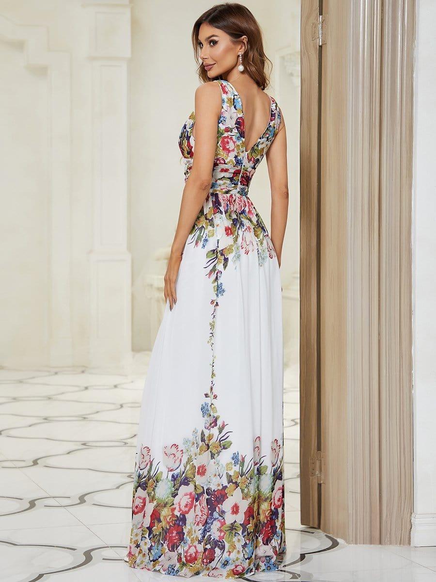 V Neck Sleeveless Pleated Chiffon Evening Dress #color_Printed Cream