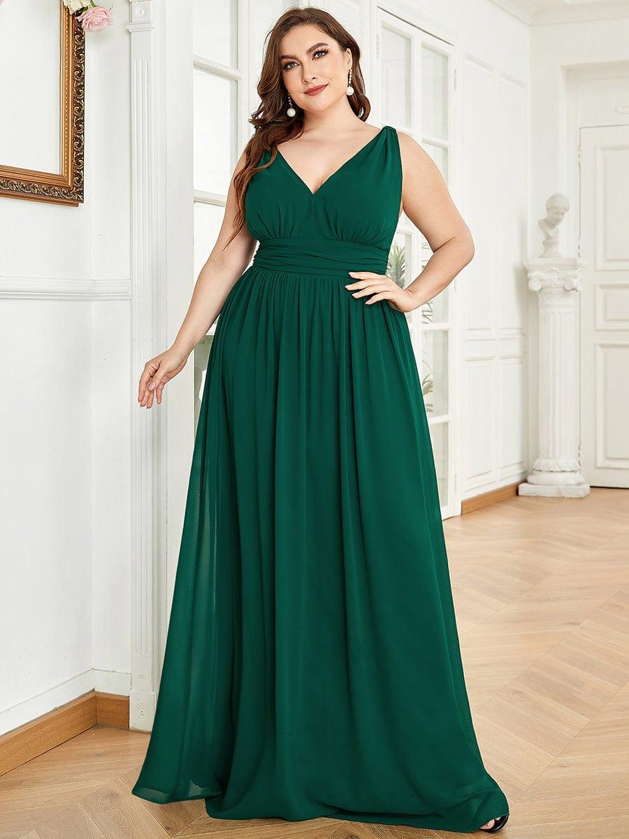 V Neck Sleeveless Pleated Chiffon Evening Dress #color_Dark Green