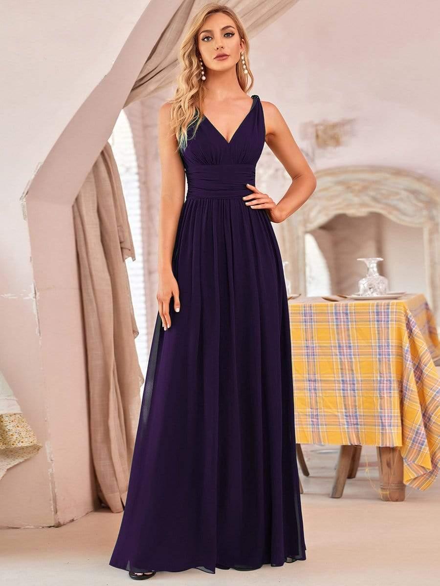 V Neck Sleeveless Pleated Chiffon Evening Dress #color_Dark Purple