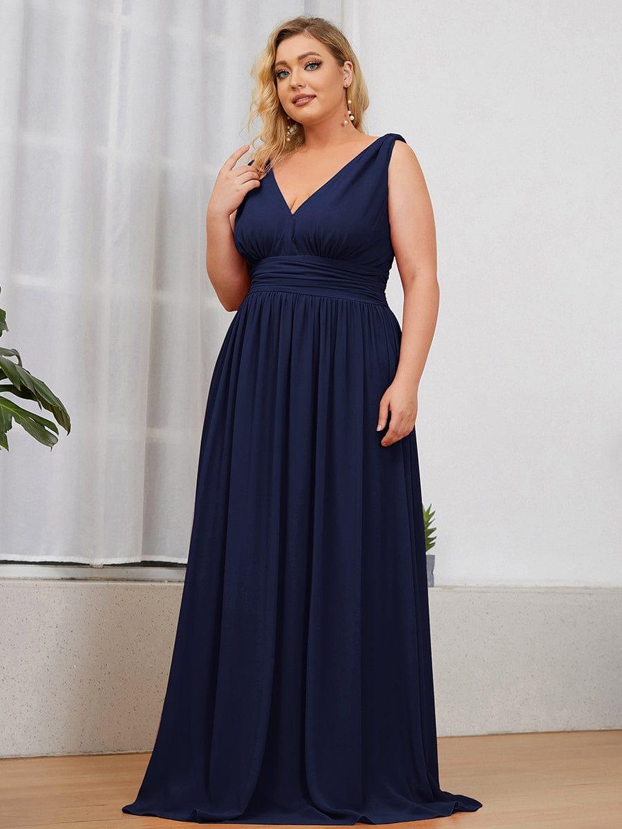 Plus Size Sleeveless V-Neck Chiffon Maxi Bridesmaid Dress #color_Navy Blue