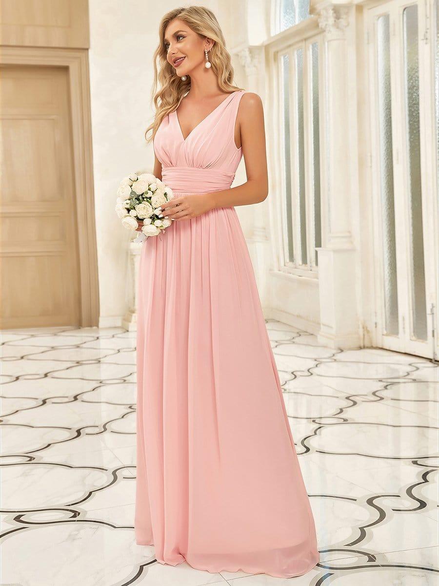 V Neck Sleeveless Pleated Chiffon Evening Dress #color_Pink