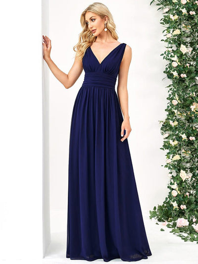 V Neck Sleeveless Pleated Chiffon Evening Dress #color_Royal Blue