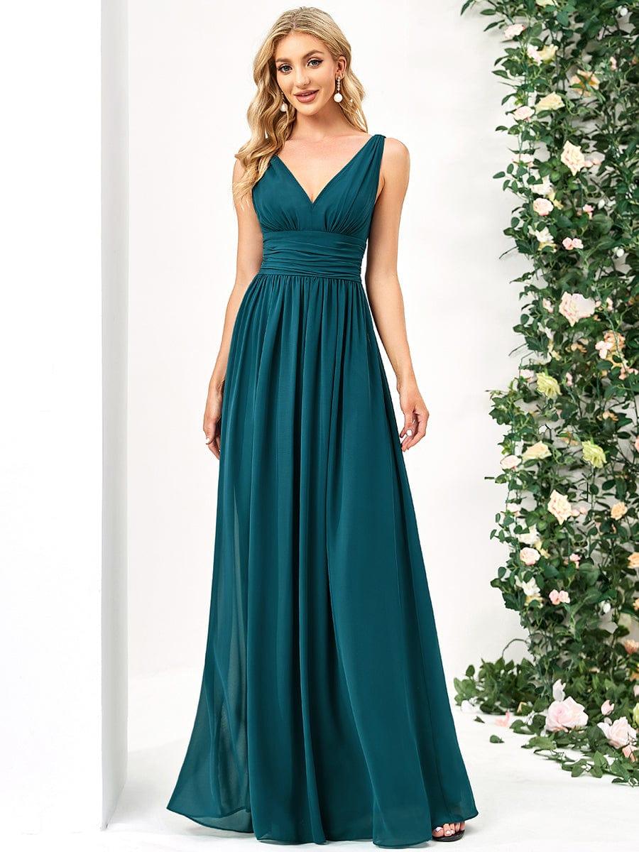 V Neck Sleeveless Pleated Chiffon Evening Dress #color_Teal