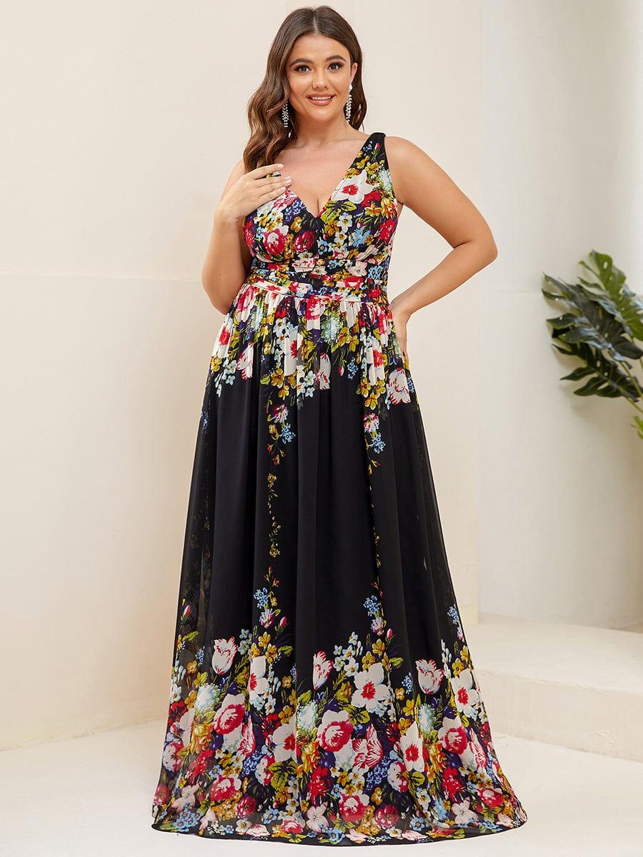 V Neck Sleeveless Pleated Chiffon Evening Dress #color_Black and Printed