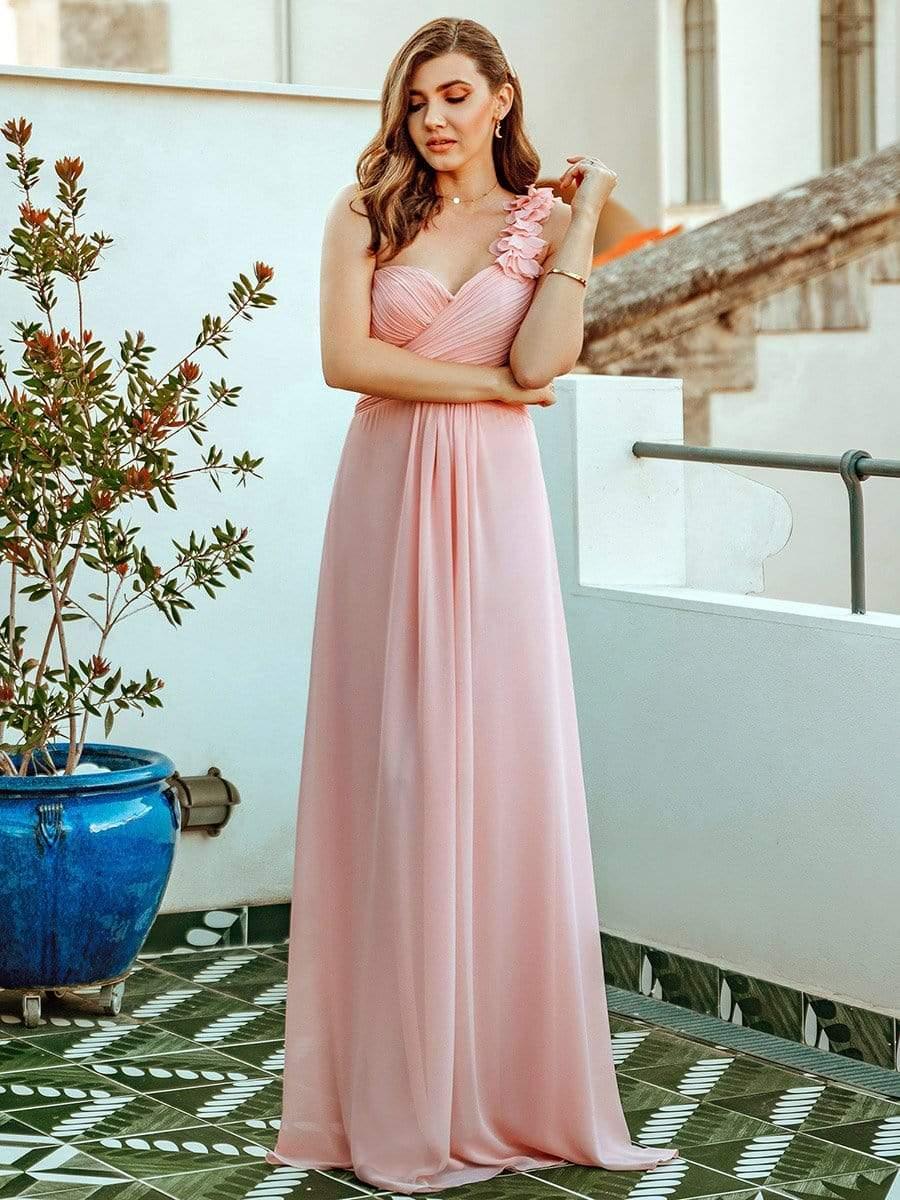 Chiffon One Shoulder Long Bridesmaid Dresses #color_Pink