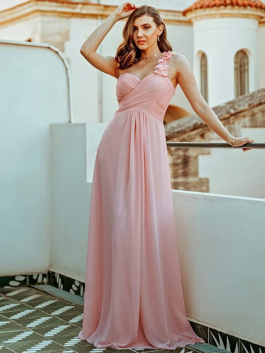 Chiffon One Shoulder Long Bridesmaid Dresses #color_Pink