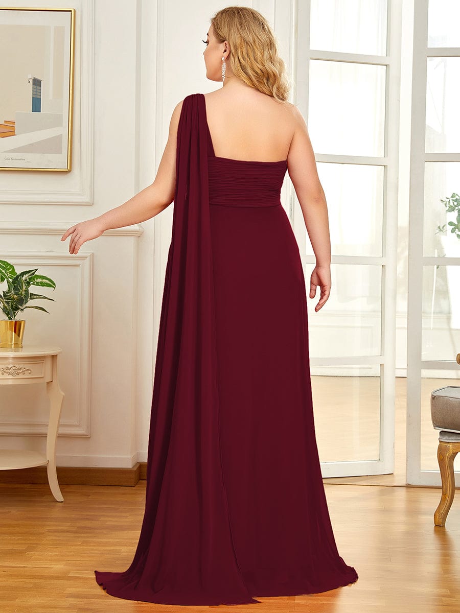 Plus Size Chiffon One Shoulder Maxi Evening Dresses #color_Burgundy